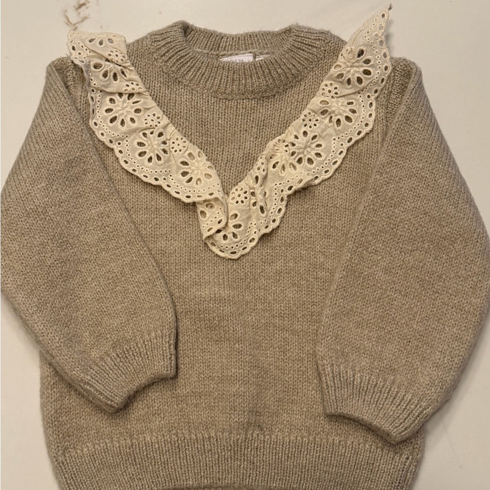 Zara Beige Knit Sweater with Cream Lace V-Collar